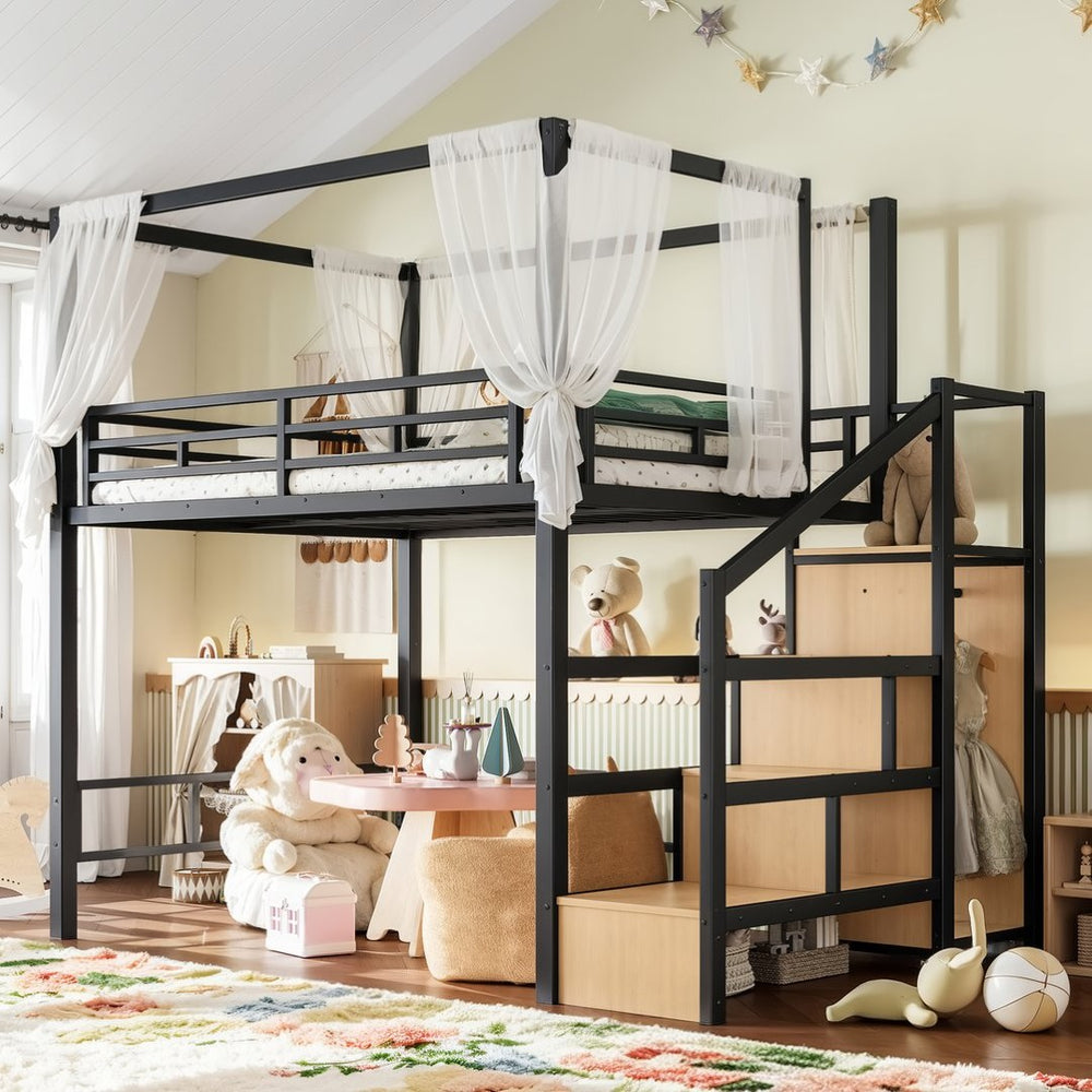 English Elm Full Metal Canopy Loft Bed with Stair Storage Wardrobe for Small Space Bedrooms W5305S00056