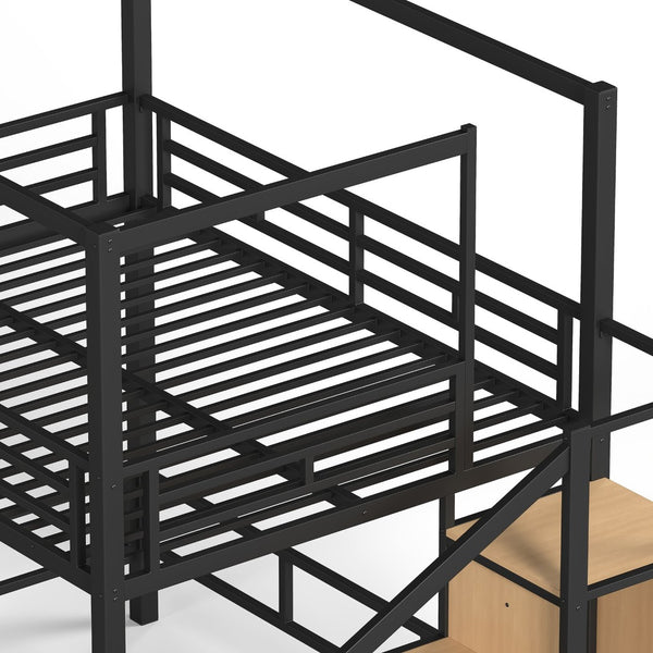 English Elm Full Metal Canopy Loft Bed with Stair Storage Wardrobe for Small Space Bedrooms W5305S00056