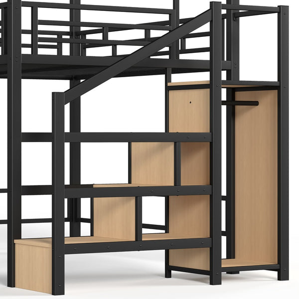 English Elm Full Metal Canopy Loft Bed with Stair Storage Wardrobe for Small Space Bedrooms W5305S00056