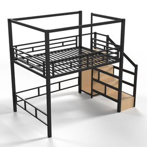 English Elm Full Metal Canopy Loft Bed with Stair Storage Wardrobe for Small Space Bedrooms W5305S00056