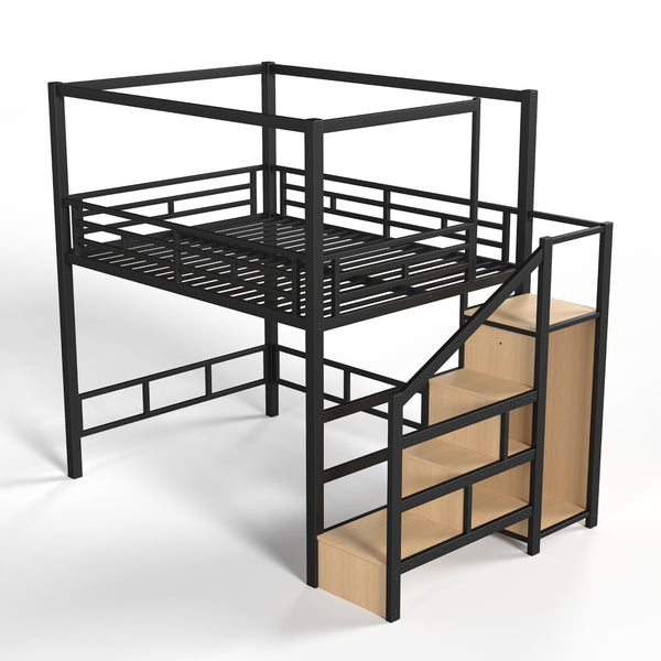 English Elm Full Metal Canopy Loft Bed with Stair Storage Wardrobe for Small Space Bedrooms W5305S00056