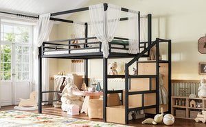 English Elm Full Metal Canopy Loft Bed with Stair Storage Wardrobe for Small Space Bedrooms W5305S00056