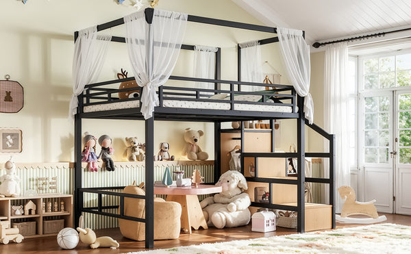 English Elm Full Metal Canopy Loft Bed with Stair Storage Wardrobe for Small Space Bedrooms W5305S00056