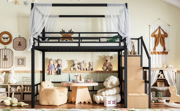 English Elm Full Metal Canopy Loft Bed with Stair Storage Wardrobe for Small Space Bedrooms W5305S00056