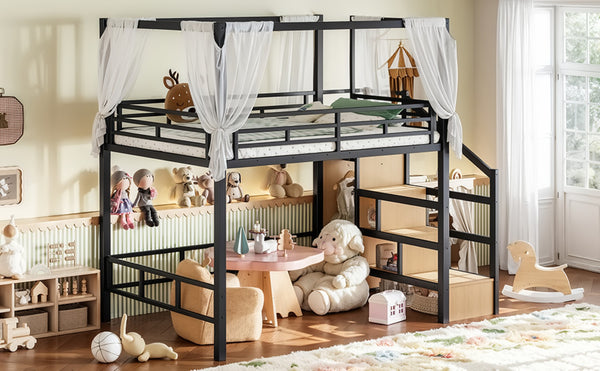 English Elm Full Metal Canopy Loft Bed with Stair Storage Wardrobe for Small Space Bedrooms W5305S00056
