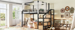 English Elm Full Metal Canopy Loft Bed with Stair Storage Wardrobe for Small Space Bedrooms W5305S00056