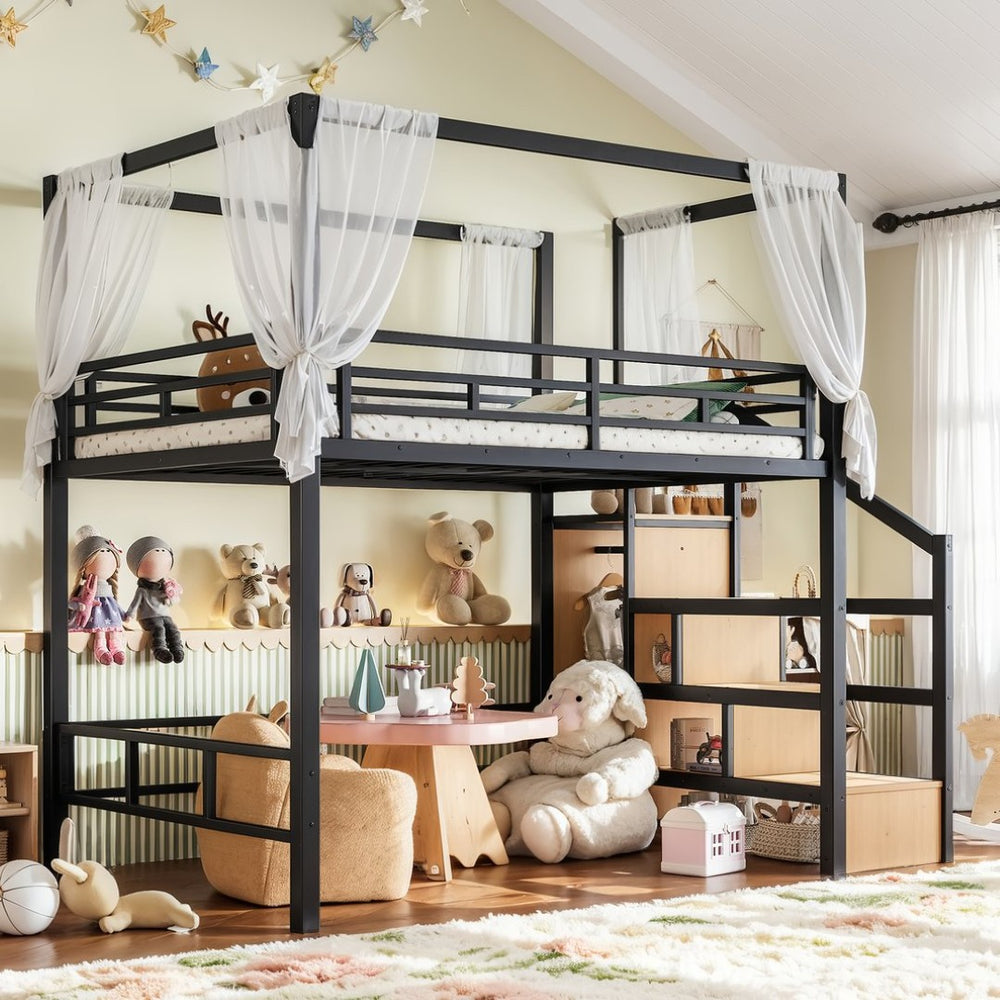 English Elm Full Metal Canopy Loft Bed with Stair Storage Wardrobe for Small Space Bedrooms W5305S00056