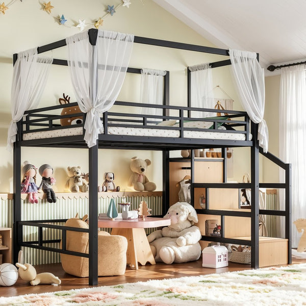 English Elm Full Metal Canopy Loft Bed with Stair Storage Wardrobe for Small Space Bedrooms W5305S00056