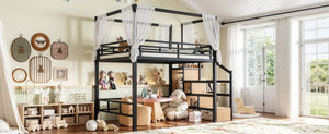 English Elm Full Metal Canopy Loft Bed with Stair Storage Wardrobe for Small Space Bedrooms W5305S00056
