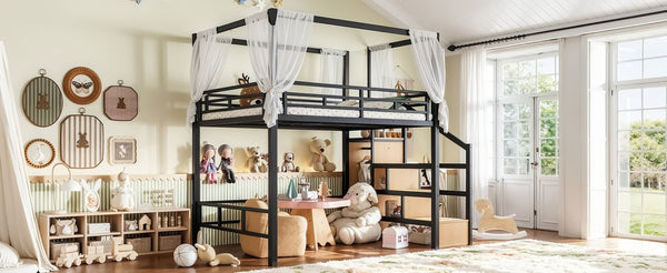 English Elm Full Metal Canopy Loft Bed with Stair Storage Wardrobe for Small Space Bedrooms W5305S00056
