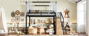 English Elm Full Metal Canopy Loft Bed with Stair Storage Wardrobe for Small Space Bedrooms W5305S00056