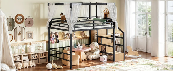 English Elm Full Metal Canopy Loft Bed with Stair Storage Wardrobe for Small Space Bedrooms W5305S00056