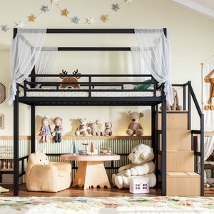 English Elm Full Metal Canopy Loft Bed with Stair Storage Wardrobe for Small Space Bedrooms W5305S00056