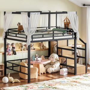English Elm Full Metal Canopy Loft Bed with Stair Storage Wardrobe for Small Space Bedrooms W5305S00056