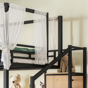 English Elm Full Metal Canopy Loft Bed with Stair Storage Wardrobe for Small Space Bedrooms W5305S00056
