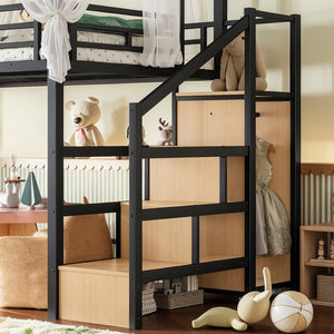 English Elm Full Metal Canopy Loft Bed with Stair Storage Wardrobe for Small Space Bedrooms W5305S00056