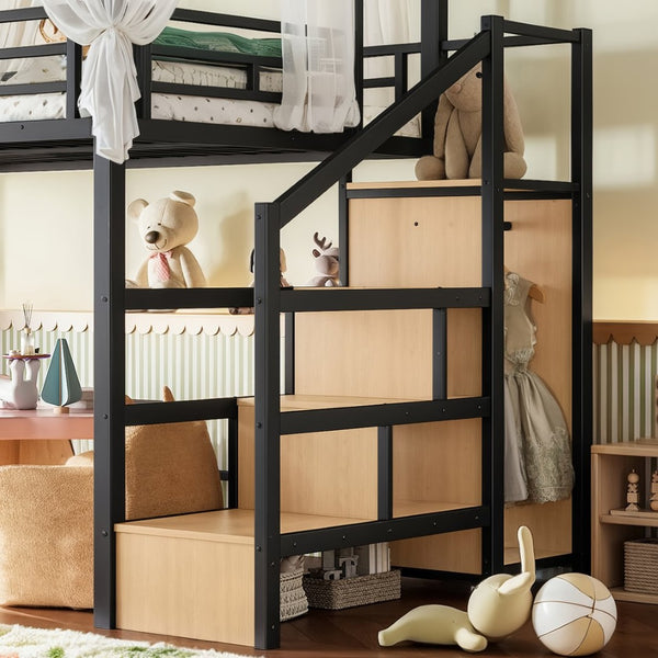 English Elm Full Metal Canopy Loft Bed with Stair Storage Wardrobe for Small Space Bedrooms W5305S00056