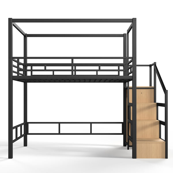English Elm Full Metal Canopy Loft Bed with Stair Storage Wardrobe for Small Space Bedrooms W5305S00056