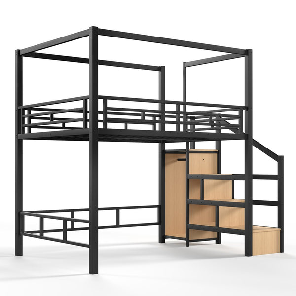 English Elm Full Metal Canopy Loft Bed with Stair Storage Wardrobe for Small Space Bedrooms W5305S00056