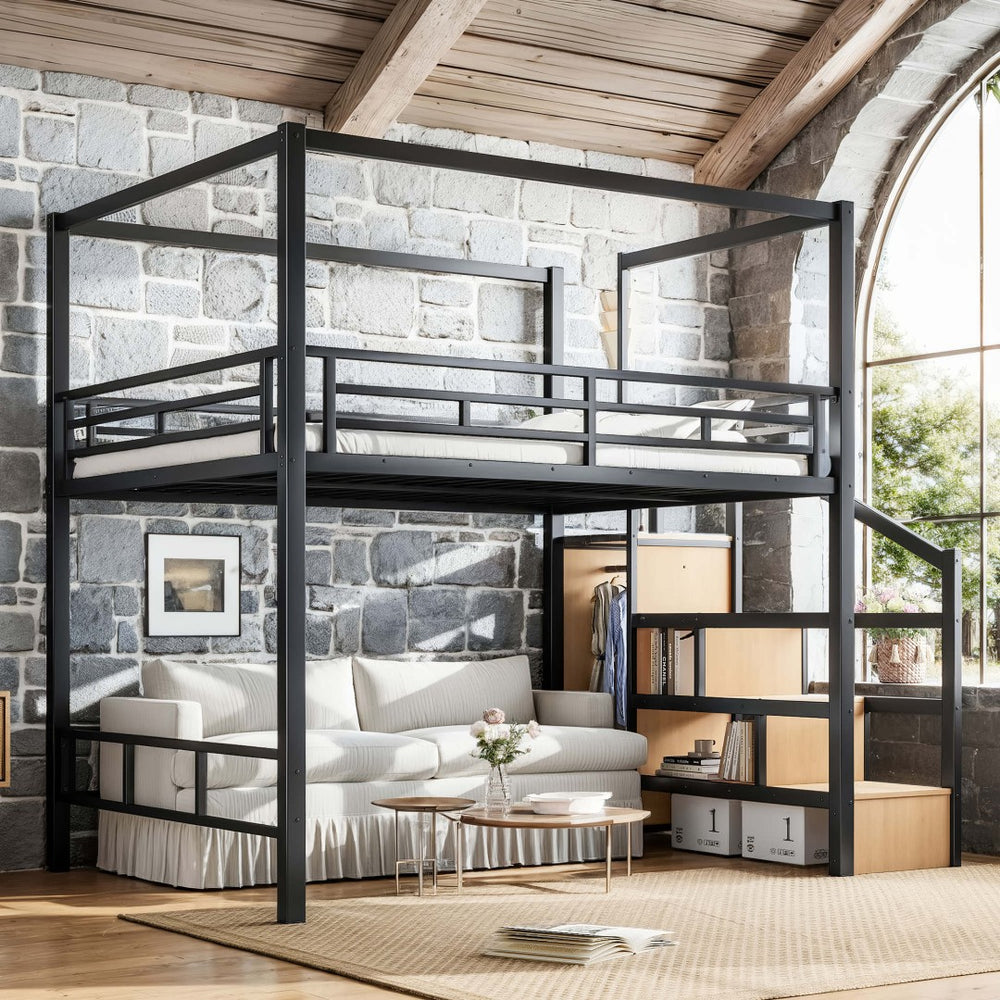 English Elm Queen Metal Loft Bed with Canopy Frame Built-in Wardrobe and Stair Storage W5305S00057