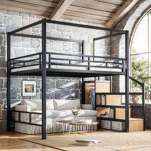 English Elm Queen Metal Loft Bed with Canopy Frame Built-in Wardrobe and Stair Storage W5305S00057