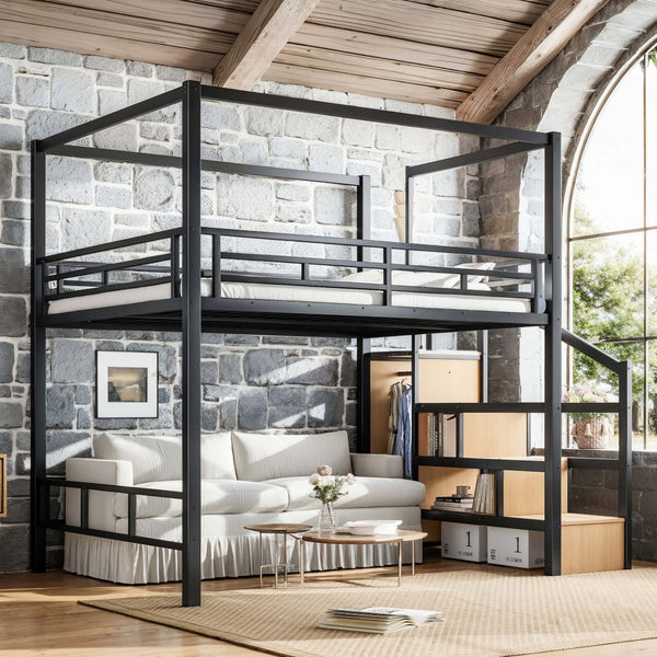 English Elm Queen Metal Loft Bed with Canopy Frame Built-in Wardrobe and Stair Storage W5305S00057