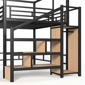 English Elm Queen Metal Loft Bed with Canopy Frame Built-in Wardrobe and Stair Storage W5305S00057