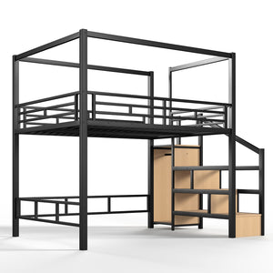 English Elm Queen Metal Loft Bed with Canopy Frame Built-in Wardrobe and Stair Storage W5305S00057