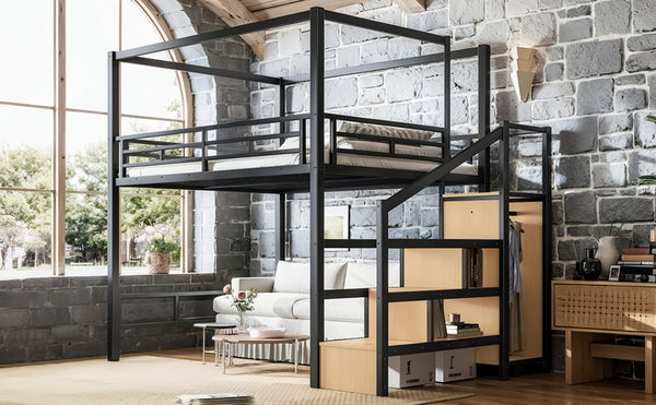 English Elm Queen Metal Loft Bed with Canopy Frame Built-in Wardrobe and Stair Storage W5305S00057