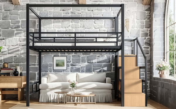 English Elm Queen Metal Loft Bed with Canopy Frame Built-in Wardrobe and Stair Storage W5305S00057