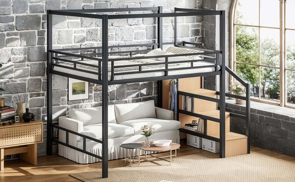 English Elm Queen Metal Loft Bed with Canopy Frame Built-in Wardrobe and Stair Storage W5305S00057