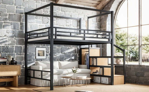 English Elm Queen Metal Loft Bed with Canopy Frame Built-in Wardrobe and Stair Storage W5305S00057