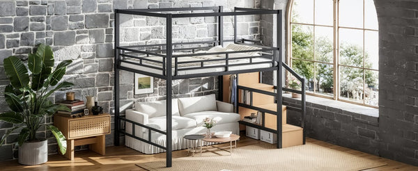 English Elm Queen Metal Loft Bed with Canopy Frame Built-in Wardrobe and Stair Storage W5305S00057