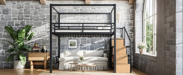 English Elm Queen Metal Loft Bed with Canopy Frame Built-in Wardrobe and Stair Storage W5305S00057