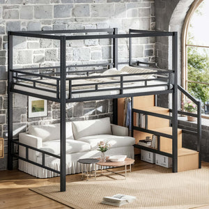 English Elm Queen Metal Loft Bed with Canopy Frame Built-in Wardrobe and Stair Storage W5305S00057