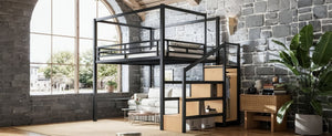 English Elm Queen Metal Loft Bed with Canopy Frame Built-in Wardrobe and Stair Storage W5305S00057