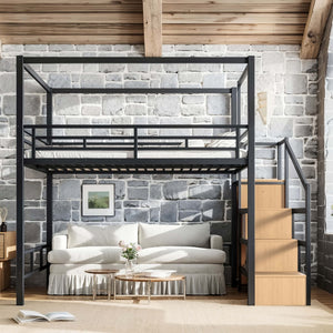 English Elm Queen Metal Loft Bed with Canopy Frame Built-in Wardrobe and Stair Storage W5305S00057