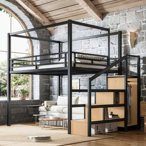 English Elm Queen Metal Loft Bed with Canopy Frame Built-in Wardrobe and Stair Storage W5305S00057
