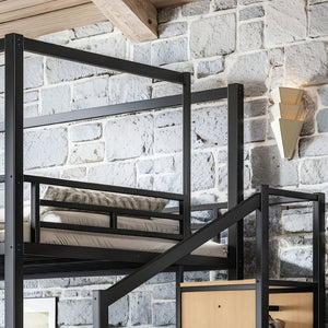 English Elm Queen Metal Loft Bed with Canopy Frame Built-in Wardrobe and Stair Storage W5305S00057