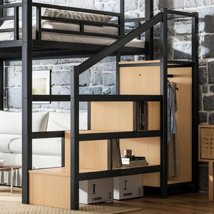 English Elm Queen Metal Loft Bed with Canopy Frame Built-in Wardrobe and Stair Storage W5305S00057