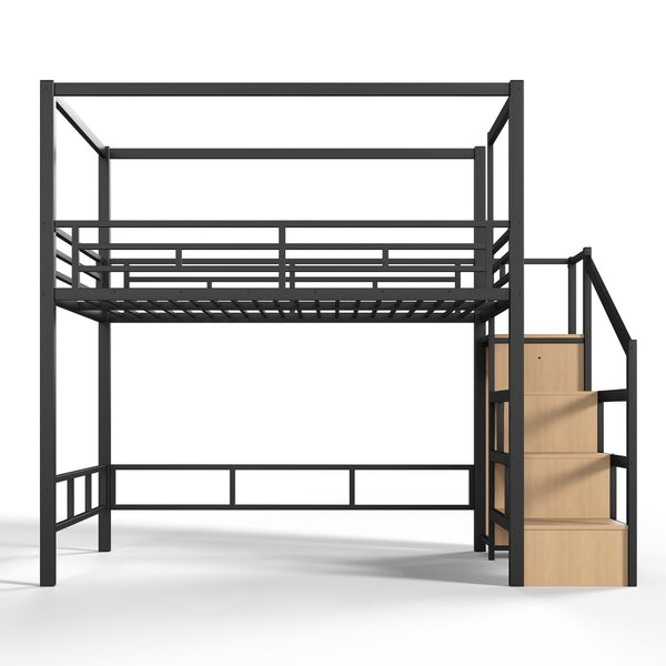 English Elm Queen Metal Loft Bed with Canopy Frame Built-in Wardrobe and Stair Storage W5305S00057