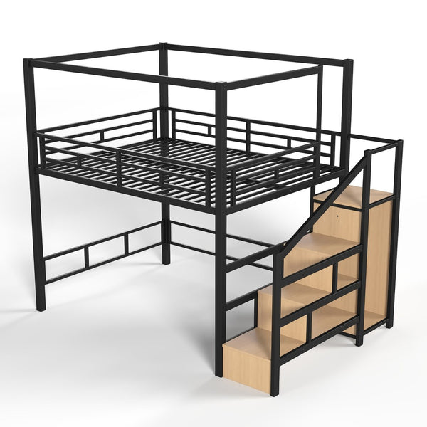 English Elm Queen Metal Loft Bed with Canopy Frame Built-in Wardrobe and Stair Storage W5305S00057