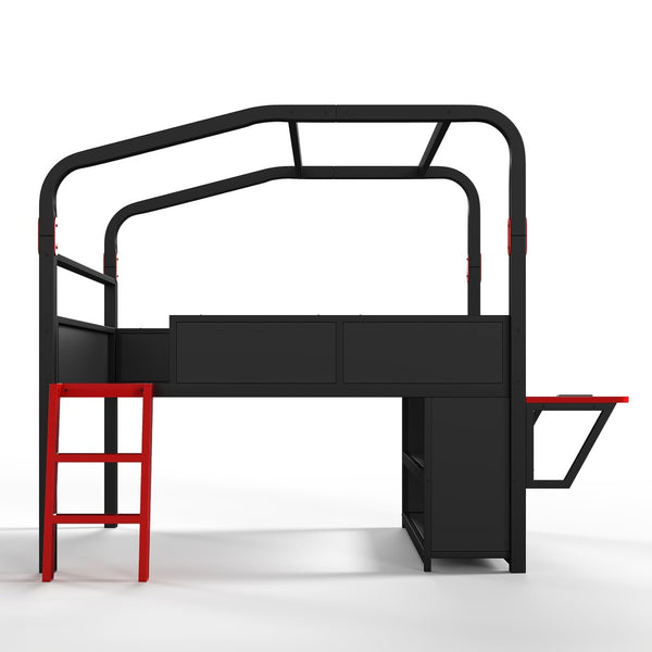 English Elm Full Size Low Loft Metal Bed with Side Desk LED Lighting USB Ports and Storage W5305S00059