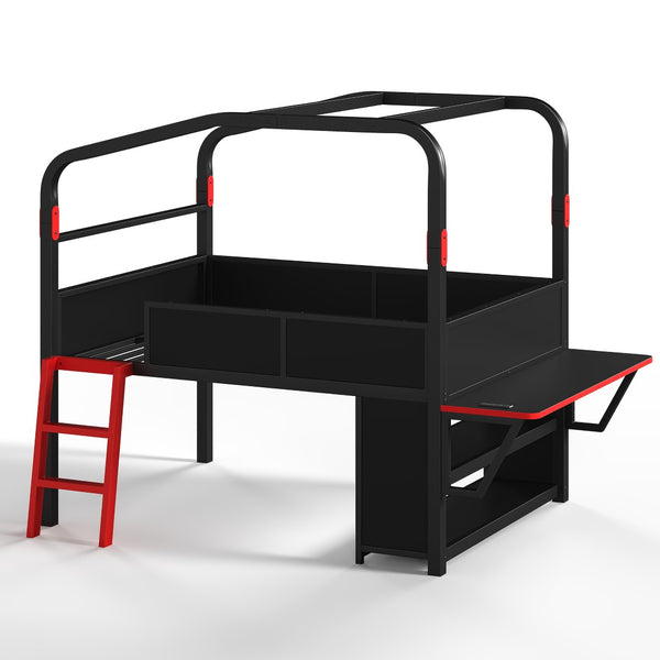 English Elm Full Size Low Loft Metal Bed with Side Desk LED Lighting USB Ports and Storage W5305S00059