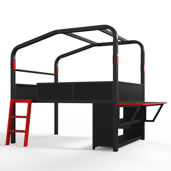 English Elm Full Size Low Loft Metal Bed with Side Desk LED Lighting USB Ports and Storage W5305S00059