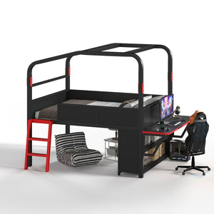 English Elm Full Size Low Loft Metal Bed with Side Desk LED Lighting USB Ports and Storage W5305S00059