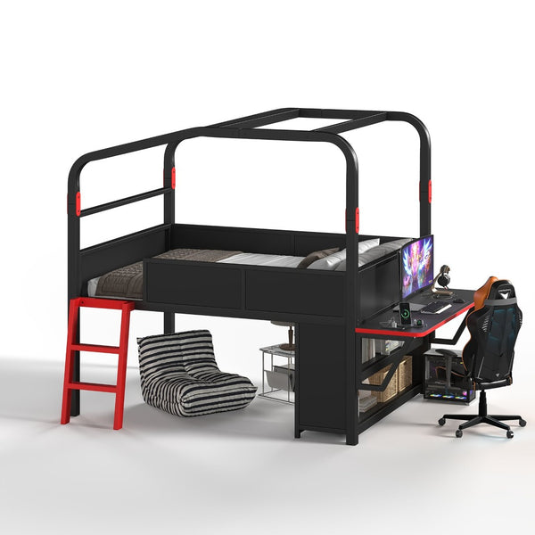 English Elm Full Size Low Loft Metal Bed with Side Desk LED Lighting USB Ports and Storage W5305S00059