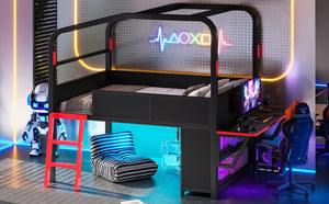 English Elm Full Size Low Loft Metal Bed with Side Desk LED Lighting USB Ports and Storage W5305S00059