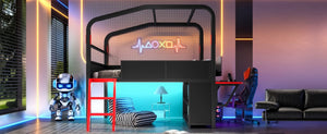 English Elm Full Size Low Loft Metal Bed with Side Desk LED Lighting USB Ports and Storage W5305S00059