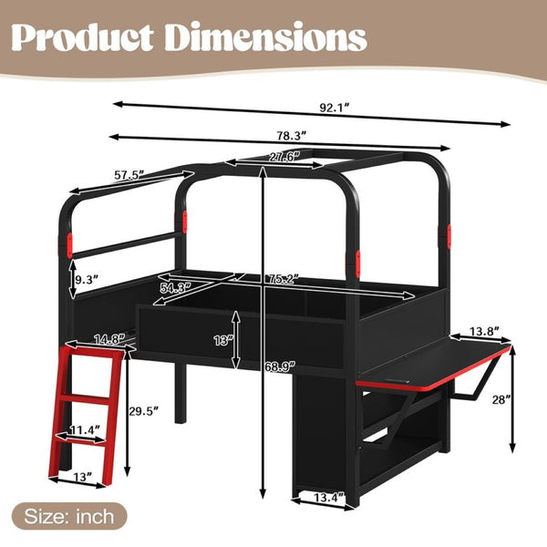 English Elm Full Size Low Loft Metal Bed with Side Desk LED Lighting USB Ports and Storage W5305S00059